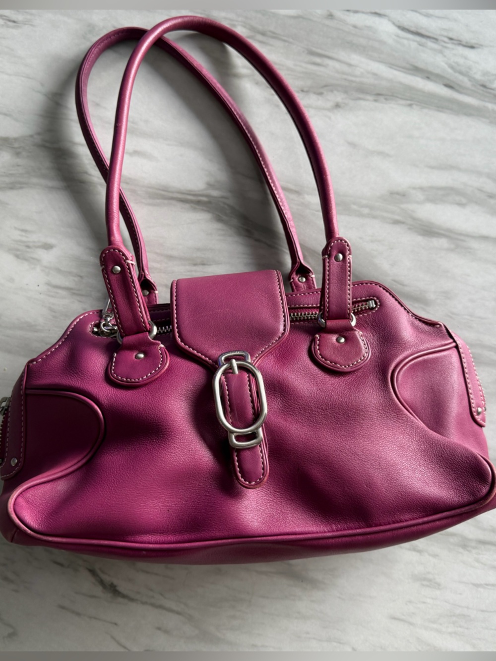 Y2k VTG COLE HAAN Women's Fuchsia Leather Tote Bag Purse with Silver Hardware